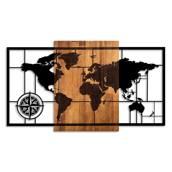 Wallity World Map 1-L Decoración de Pared de Madera y Metal